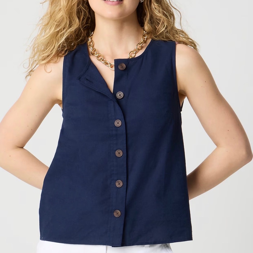 J. Crew Factory Large Linen Blend Button-Front Shell in Navy